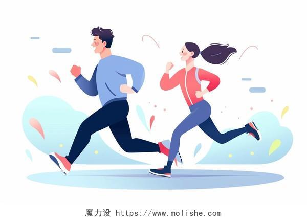 年轻男子和年轻女子快乐地并肩奔跑卡通AI插画运动跑步全民健身日